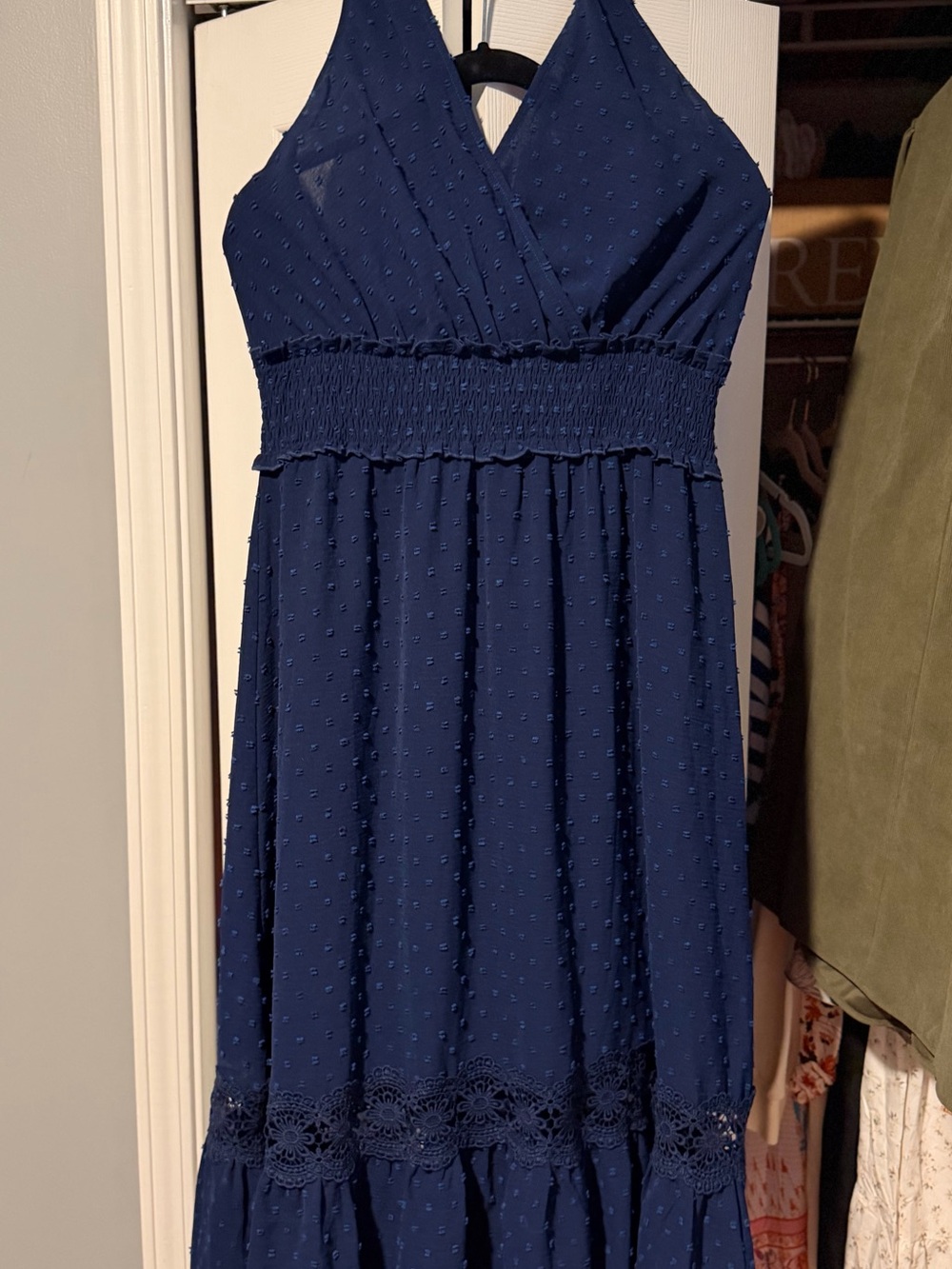 NWOT Navy Textured Halter Backless Maxi Dress with Smocked Waist